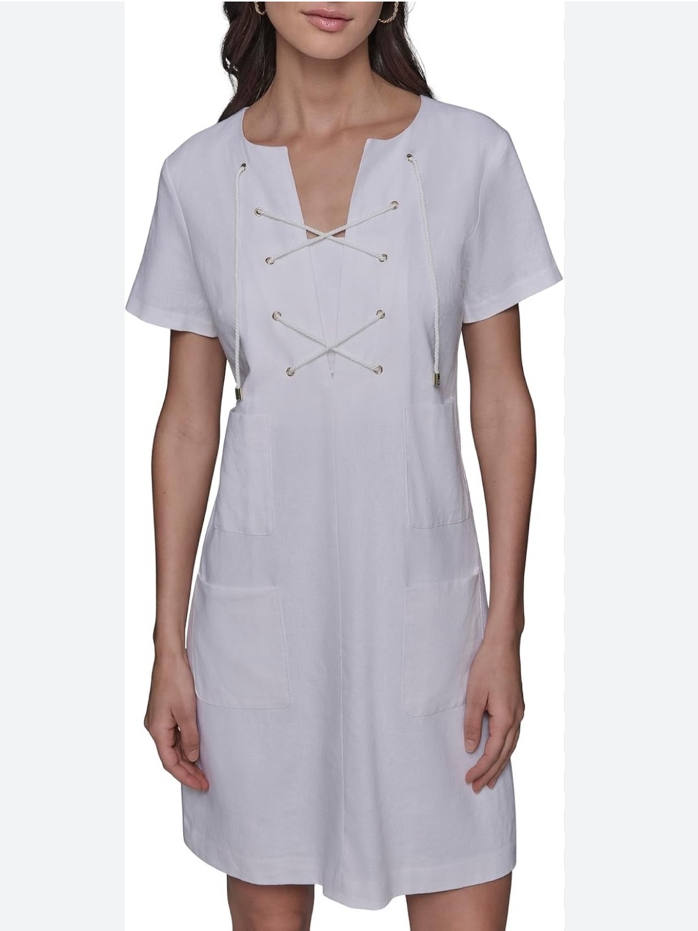 Karl Lagerfeld Paris Linen Blend Lace Up A-Line Dress White Sz 4 NWT